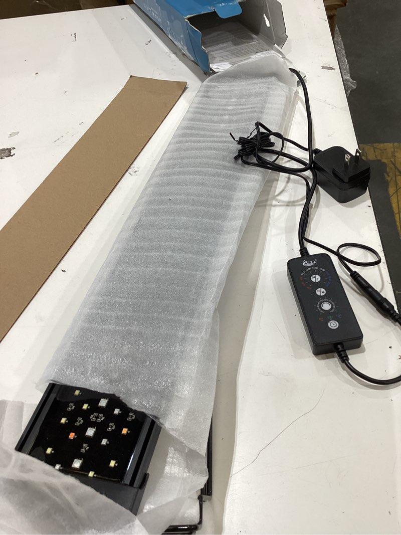 Condition photo showing As Is for aqqa led aquarium light, 24/7 mode ip68 waterproof extendable bracket fish tank light, diy mode full spectrum aquarium plant light, adjustable timer/brightness memory function for 24-32 inch fish tank