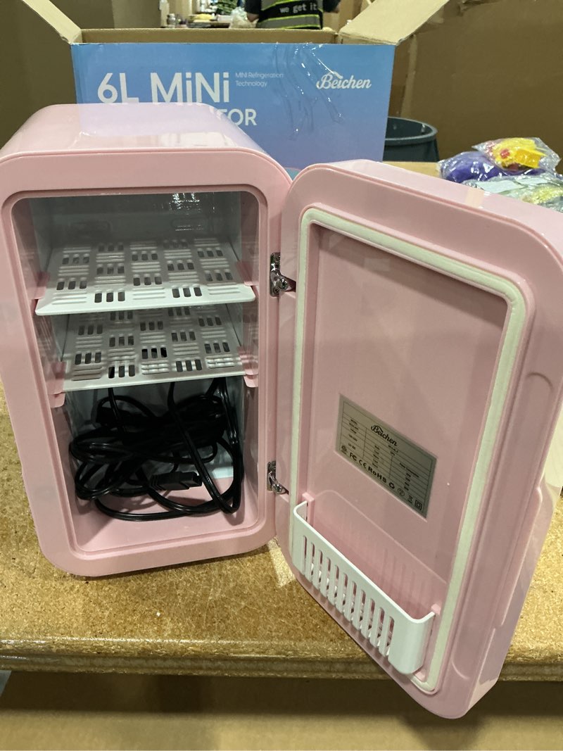 Condition photo showing Good Condition for beichen mini fridge, 6 liter/8 can skincare fridge, 110v ac/dc portable thermoelectric cooler & warmer for skin care, cosmetics, beverage, food, great for bedroom, office, dorm (pink)