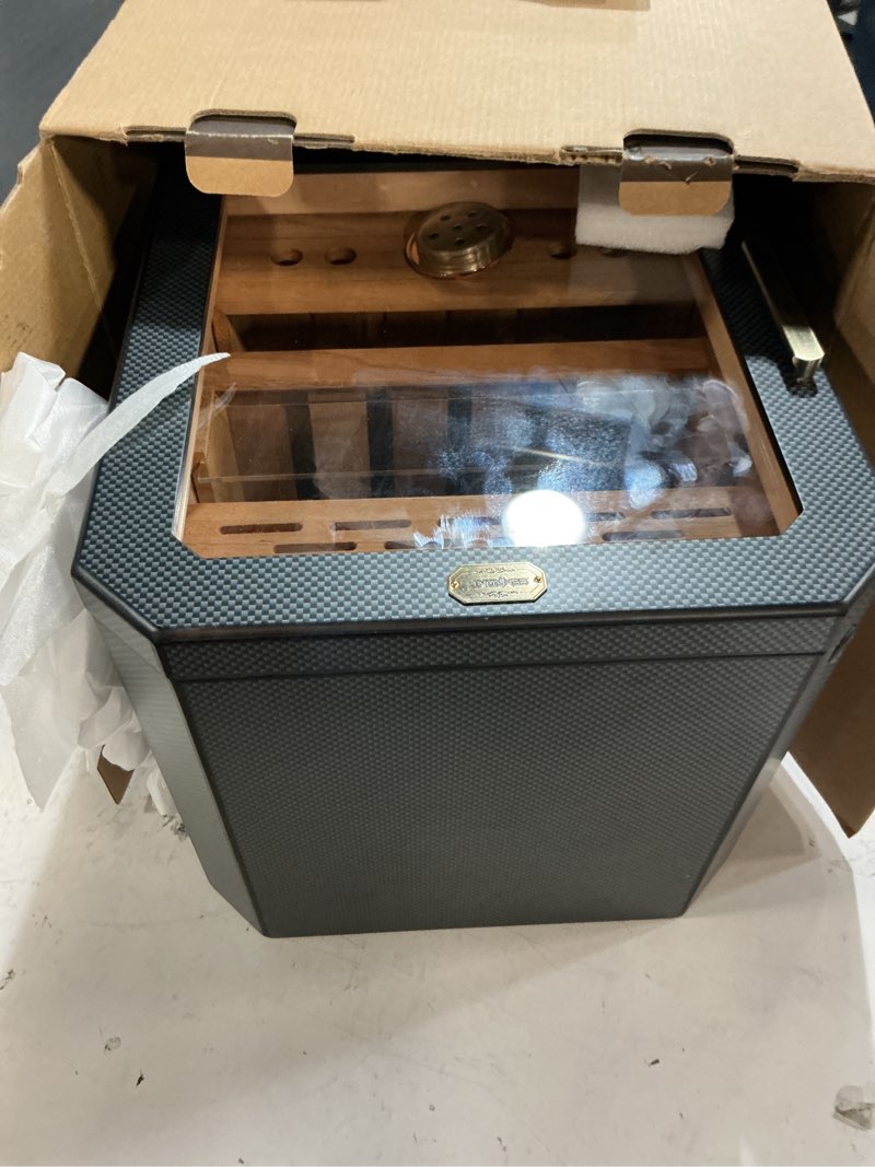 Condition photo showing Good Condition for cigar humidor, lighted control magnetic door desktop cigar humidor cabinet,with cigar accessory drawer and 2 humidifiers 3 layer large capacity humidor,hold 100-150 cigars (carbon fiber)