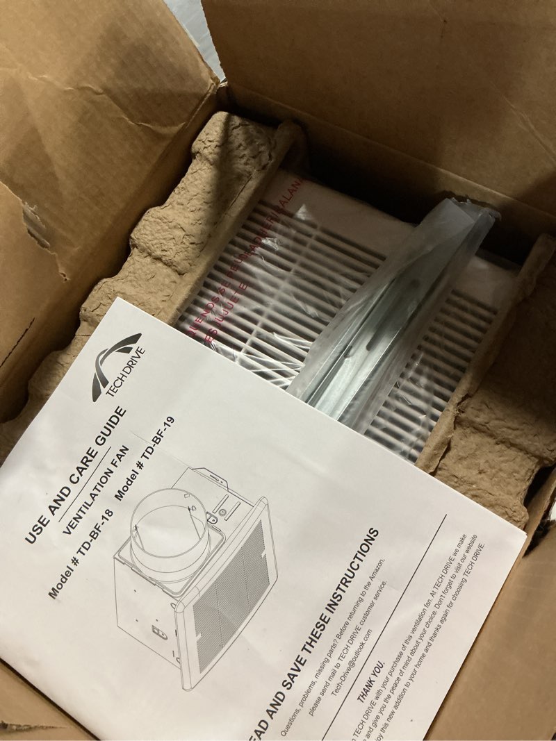 Condition photo showing New/Like New for tech drive bathroom fan - 130 cfm, 0.8 sone, no attic access needed, 6-inch duct very quiet ventilation exhaust fan, easy to install ceiling mounted, white,etl certified 130cfm 0.8sone
