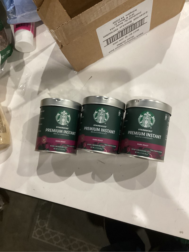 Condition photo showing New/Like New for Starbucks Premium Instant Coffee, Dark Roast, 100% Arabica Beans, 3 Pack (3.17 Oz Each)