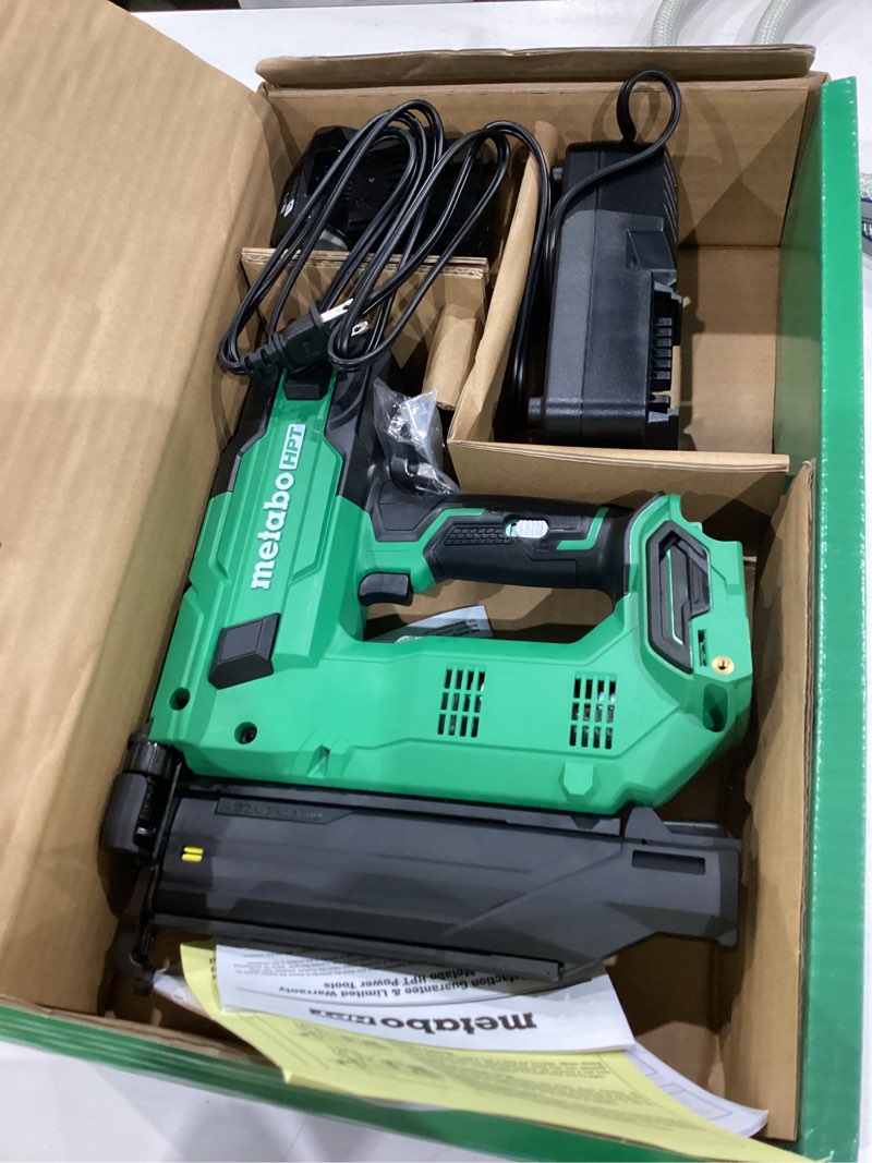 Condition photo showing As Is for metabo hpt multivolt 18 ga. cordless compact brad nailer kit (battery & charger) 18 v