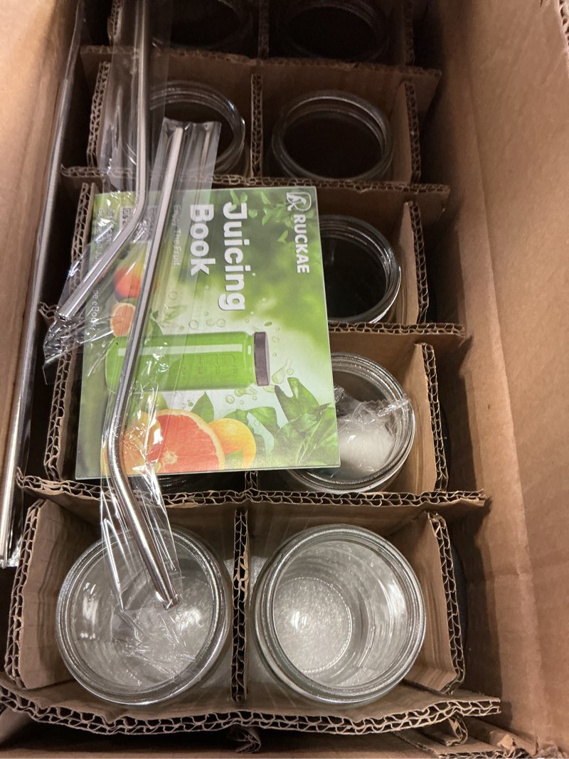 Condition photo showing Good Condition for Ruckae 16oz 10 Pack Juice Bottles, Glass Bottles with Lids, Smoothie Cup Lids and Straws, Water Bottle Mason Jar Drinking Glasses for Juicing, Smoothies, Kombucha 16oz-10pack Transparent