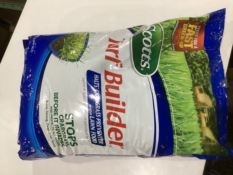 Condition photo showing Good Condition for scotts turf builder halts crabgrass preventer with lawn food - pre-emergent weed killer, lawn fertilizer, 14,000 sq. ft., 37.38 lb. 14,000 sq. ft. 1 pack