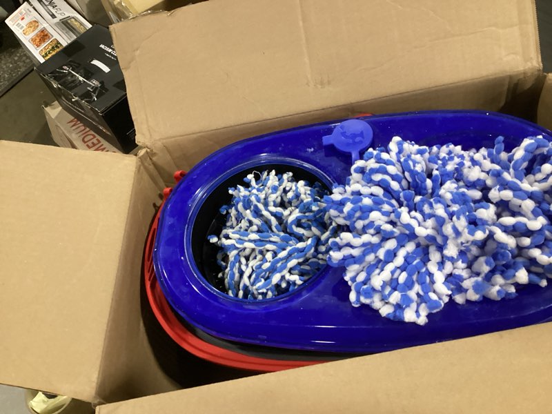 Condition photo showing As Is for o-cedar rinseclean spin mop & bucket system + 2 extra mop heads| clean with water | removes 99% of bacteria plastic rinseclean spin mop & bucket + 2 extra refills cleaning system