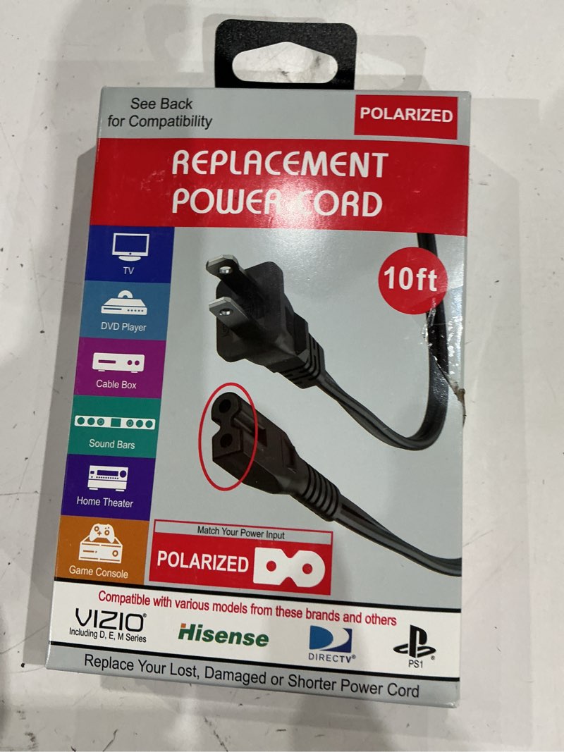 xtreme 10-ft replacement polarized power cord, works with vizio, hisense tvs, and comcast