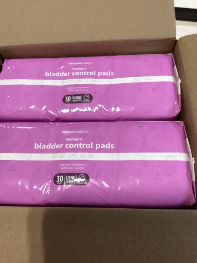 Condition photo showing New/Like New for amazon basics incontinence pads for women, long, bladder control, postpartum, ultimate absorbency, unscented, with odor control, 60 count (2 packs of 30) ultimate 60.0