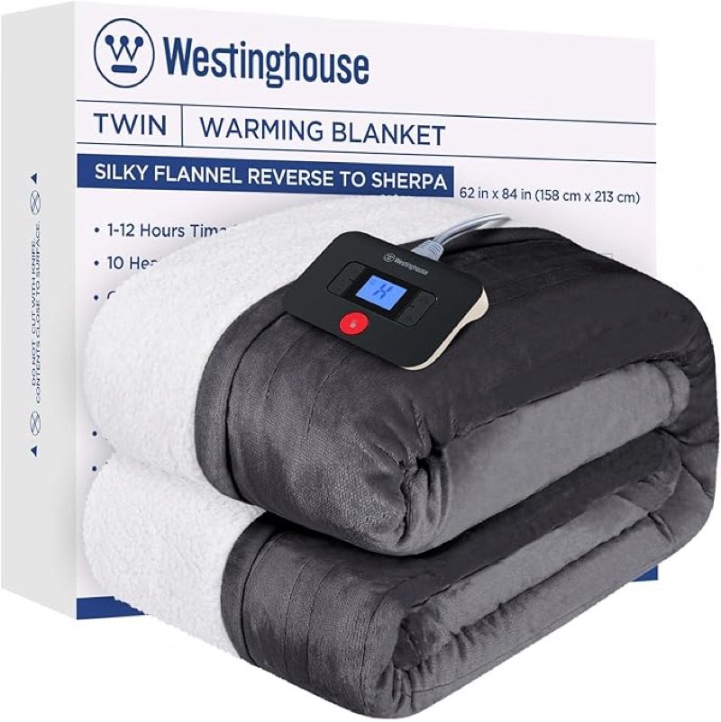 westinghouse electric blanket twin, heated blanket twin size with 10 heating levels and 1 to 12 hours heating time settings, flannel to sherpa reversible, machine washable (62" x 84", charcoal)