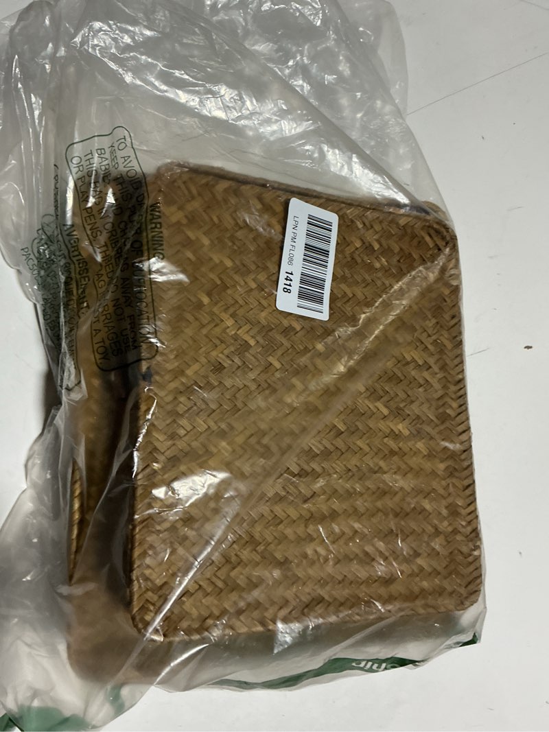 Condition photo showing As Is for set of 2 flat seagrass storage bins with lid wicker storage baskets for organizing, woven shelf organizer bins home utility organizer box for home & office supplies (caramel)