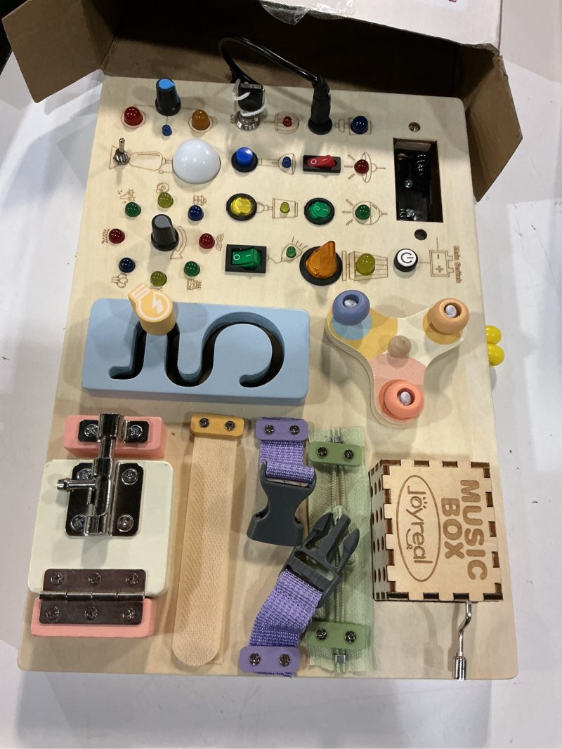 Condition photo showing Good Condition for joyreal wooden busy board montessori toys for toddlers, sensory activity board with led lights, music box & locks, educational learning toy gifts for boys and girls