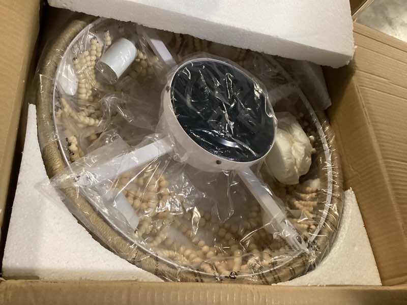 Condition photo showing Good Condition for 20" Boho Ceiling Fan with Light, Coastal Fandelier Ceiling Fans with Lights and Remote Control,Caged Wood Beaded Flush Mount with 6 Speeds for Living Room Bedroom Nursery 20 Inch Gold Boho Beaded Fandelier Ceiling Fan