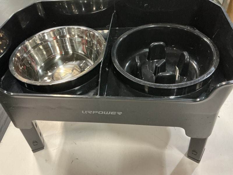 Condition photo showing As Is for urpower mess proof elevated dog bowls, high wall splash guard design, 4 height adjustable raised bowl stand with stainless steel & slow feeder bowl, non-slip food water set for small medium large dogs matte black large