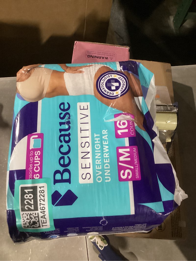 Condition photo showing New/Like New for Because Adult Incontinence Underwear for Sensitive Skin - Women - Premium Overnight Disposable Briefs, Anti Odor - White, Small/Medium - Absorbs 6 Cups - 16 Count (Pack of 1) Small/Medium (16 Count)