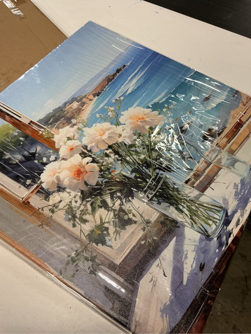 Condition photo showing Good Condition for okexckk blue ocean beach canvas wall art with white flower windowsill picture bathroom wall decor seascape poster floral painting print coastal artwork for living room bedroom 20"x20" 20"l x 20"w beach & flowers-c