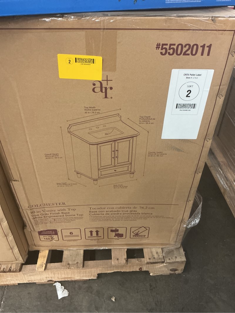 Condition photo showing New/Like New for allen + roth colchester 30-in muse gray undermount single sink bathroom vanity