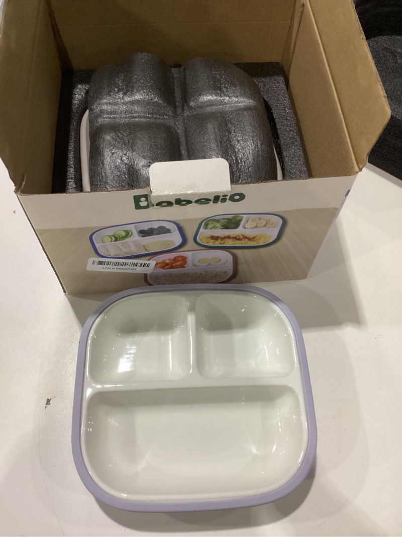 Condition photo showing New/Like New for BABELIO 8'' Toddler Porcelain Plates with Silicone Suction Sleeves, Lead & BPA Free, Divided, Microwave & Dishwasher Safe, Stay Put, Suitable for Kids/Babies, 3 Pack 1-Blue/Grayish Purple/Silver Gray Porcelain Suction Plates