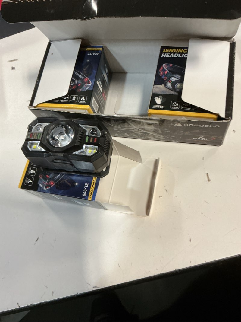 Condition photo showing Good Condition for Rechargeable Headlamp Flashlight 3-Pack, 2000 Lumen Super Bright LED Headlight with Red Light, Motion Sensor for Adults Kid, Waterproof Lightweight Head Lamp for Outdoor Camping Running Hiking Fishing Black, 3 Packs