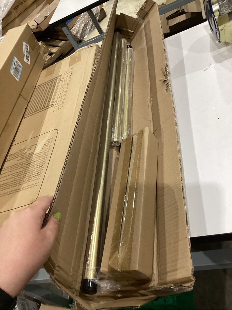 Condition photo showing Good Condition for warm gold bay window curtain rods with aluminum end cap finials and brackets,adjustable 36-72 inch center rod for windows (24-68’’), 20-36 inch side rods for windows (16-32’’),1 inch diameter