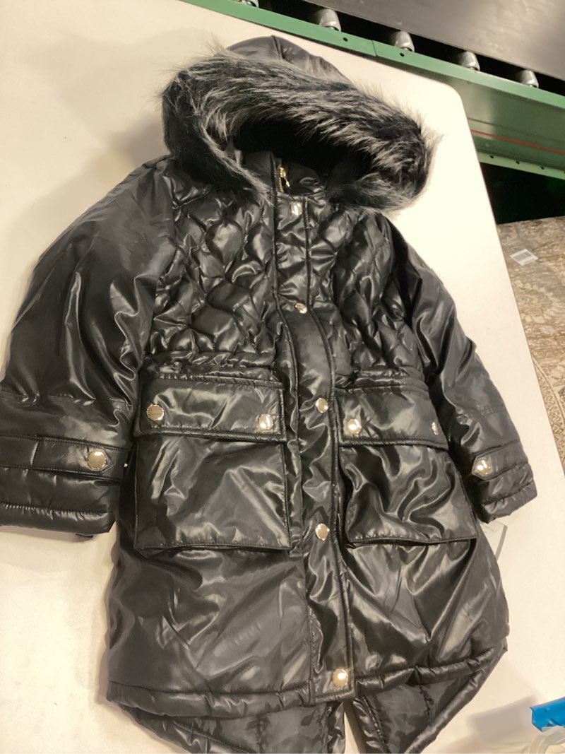 LONDON FOG Girls' Zip-Front Mid Cinch Quilted Parka with Cozy Trimmed Hood, Black