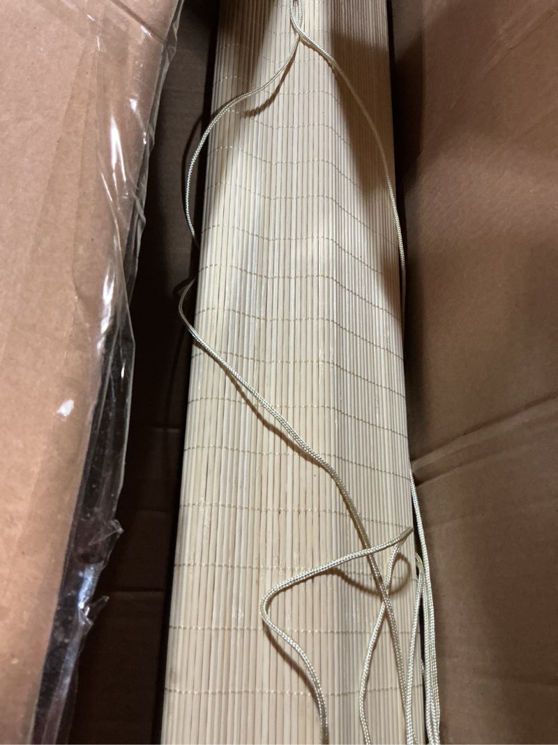 Condition photo showing As Is for bamboo blinds, easy to install bamboo shades for indoor windows, custom sizes roller shades for indoor windows, roll up blinds indoor outdoor patio natural 28"w x 48"h