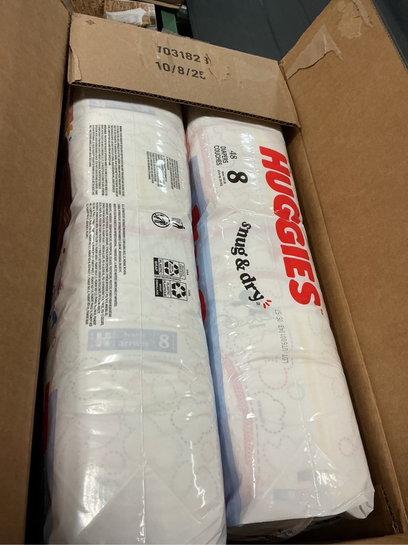 Condition photo showing New/Like New for huggies size 8 diapers, snug & dry baby diapers, size 8 (46+ lbs), 96 count (2 packs of 48), packaging may vary size 8 96