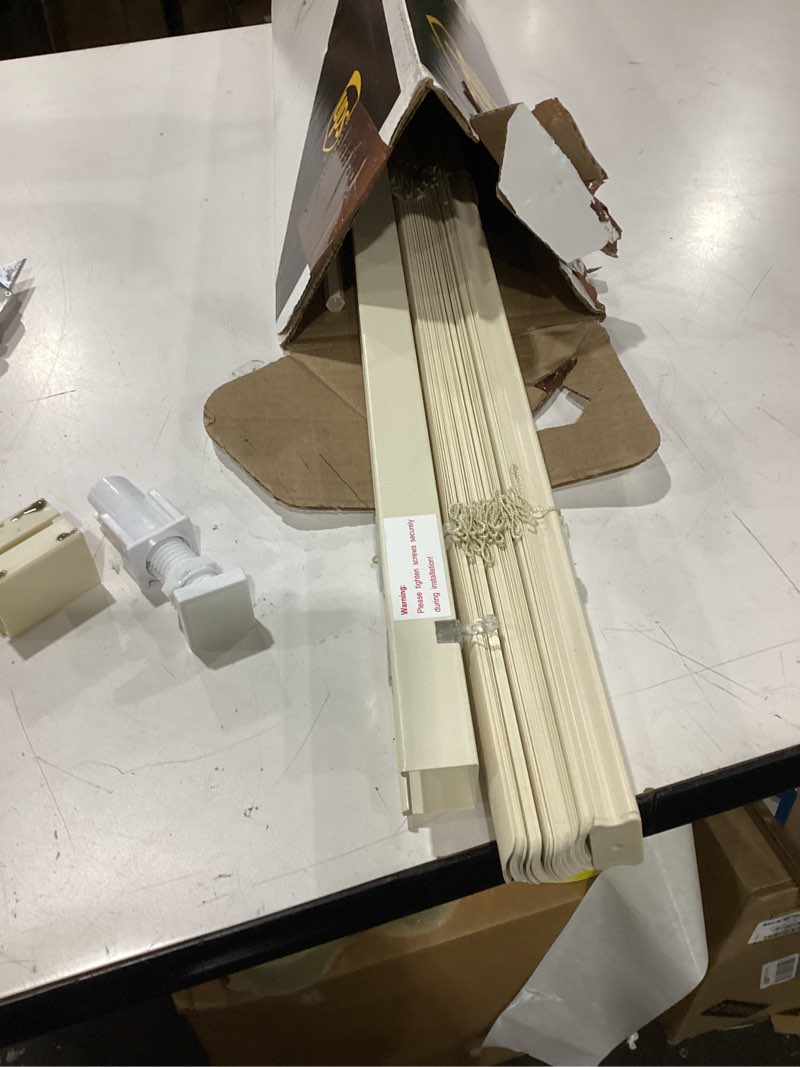 Condition photo showing As Is for incomplete lazblinds no tools no drill 1\" vinyl mini blinds, cordless blinds for windows, light filtering horizontal window blinds & shades, 32\" w x 48\" h, cream cordless-cream 32\" w × 48\" h
