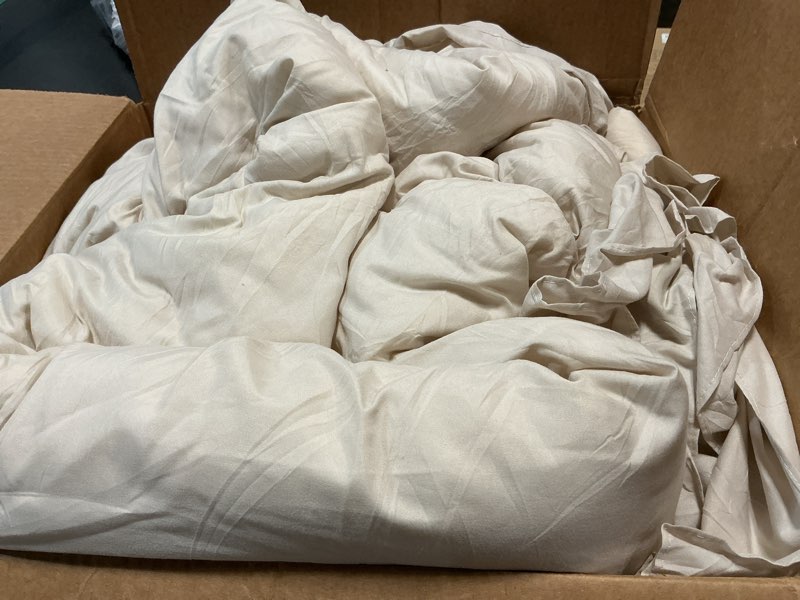 Condition photo showing As Is for andency beige queen comforter set, 3 pieces soft lightweight fluffy solid ruffle bedding comforter sets, all season farmhouse shabby chic comforter for queen size bed (beige, 90x90inch) beige queen(90"x90")