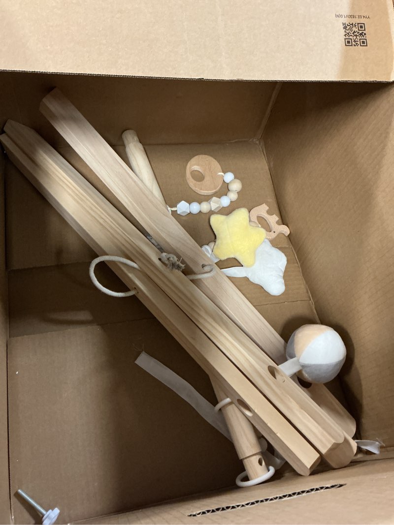Condition photo showing As Is for mallify wooden baby gym with 6 gym toys, foldable baby play gym, natural pine wood play gym, frame activity center hanging bar, wooden play gym