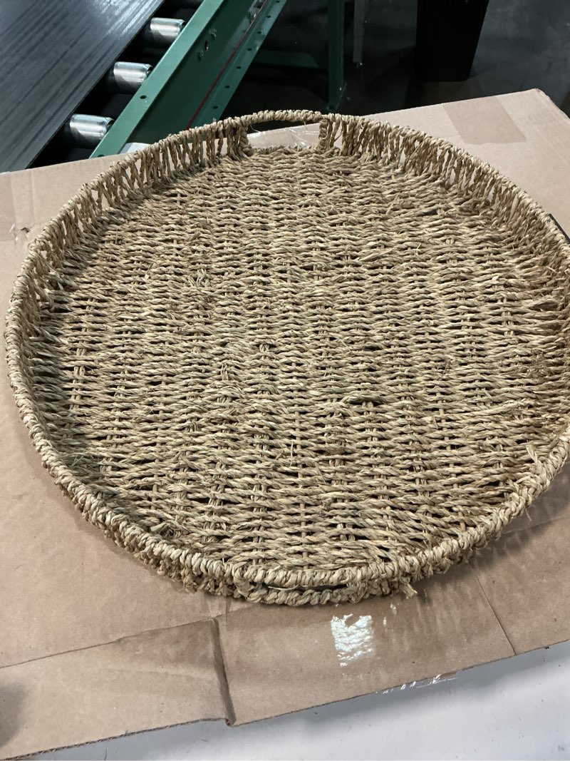 Condition photo showing As Is for round ottoman tray large wicker serving tray with handles, 20 inch handwoven natural seagrass tray natural-sea grass 20"