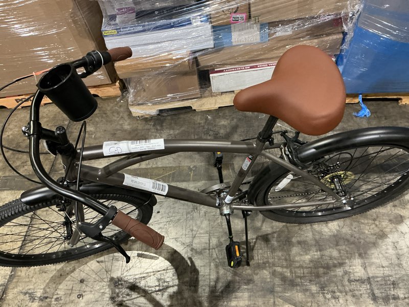 Condition photo showing As Is for 26" kent bayside cruiser bicycle, fits rider 5'2"-5/10", gray, adults, unisex