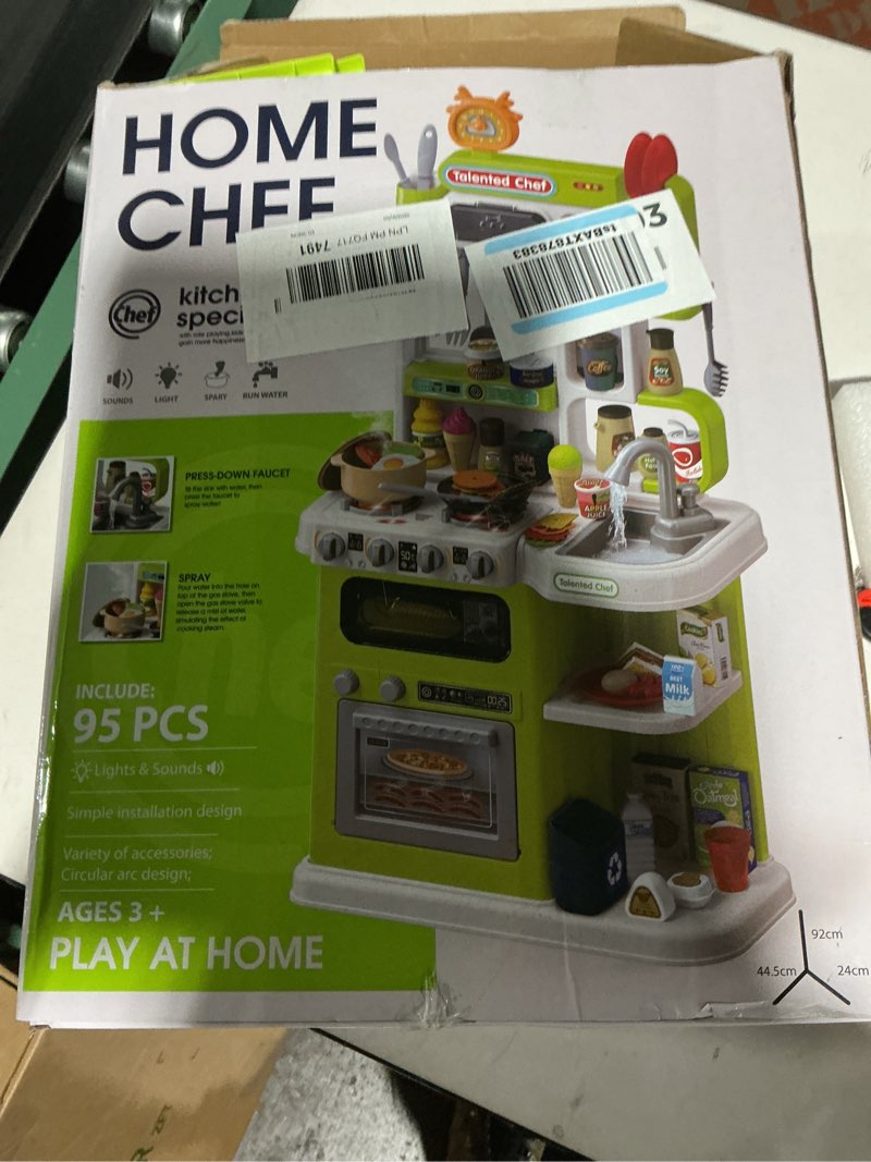Condition photo showing As Is for kids kitchen playset, 36.22'' play kitchen for toddlers 1-3 with steam, sound & light, cooking stove, play sink, oven and toy kitchen accessories, kitchen set for boys girls 3 4 5 (green)