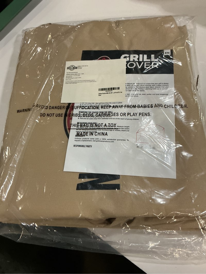 Condition photo showing New/Like New for grillman grill cover, bbq outdoor grill covers, charcoal, gas grills, waterproof, rip-proof, weather-resistant, anti-uv, barbecue cover for weber, genesis, charbroil, nexgrill, etc (tan, 58 inch)