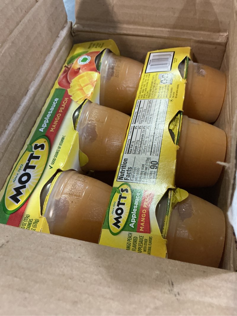 Condition photo showing New/Like New for mott's mango peach applesauce, 4 oz cups, 72 count (12 packs of 6), no artificial flavors, good source of vitamin c, nutritious option for the whole family mango peach 4 ounce (pack of 72)