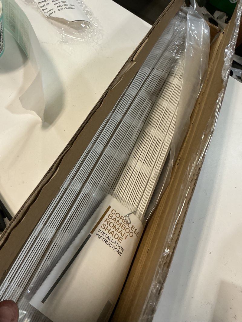 Condition photo showing New/Like New for Sunbox Cordless Bamboo Roman Shade Blind, Woven Wood Roman Shades, Light Filtering Natural Bamboo Shades for Windows, French Doors, 26" W x 64" H, Pearly White 26"W x 64"H Pearly White