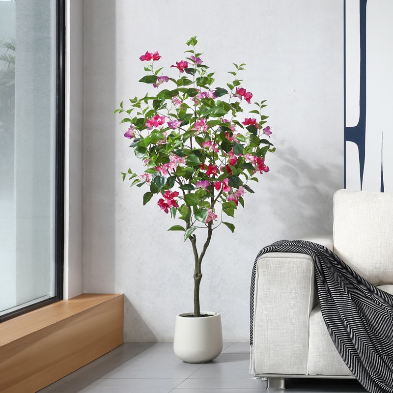Adcock Artificial Bougainvillea Tree with White Planter, Tall Faux Bougainvillea Trees with Red Flowers Size: 60" H x 20" W x 20" D