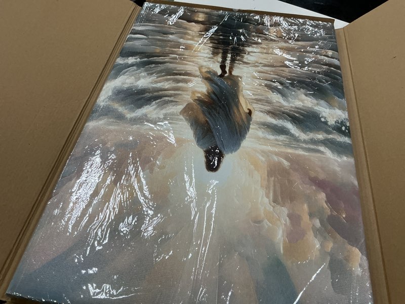 Condition photo showing Good Condition for framed jesus walking on water canvas print wall art religious poster inspirational christian painting artwork catholic picture for home decor living room bedroom church ready to hang16×24inch jesus' back 16x24in