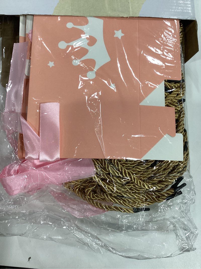 Condition photo showing Good Condition for Sinload 25 Sets Classic 5.51 x 2.36 x 4.72 Inch Small Princess Party Favor Bags for Guests Light Pink Crown Princess Paper Goodie Candy Bags with Handles Ribbons for Pink Themed Birthday Party Gift