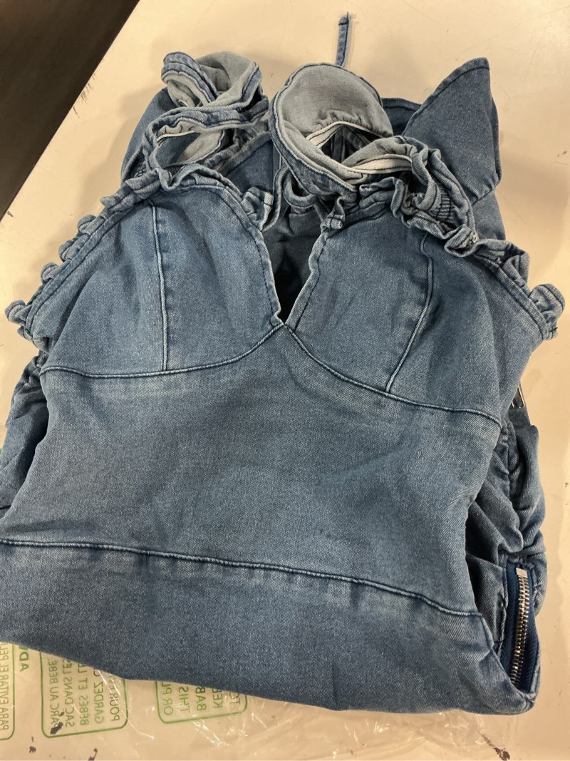 Condition photo showing Good Condition for xs wdirara women's runched tie front mini denim dress ruffle sleeveless bodycon cami dresses large light blue