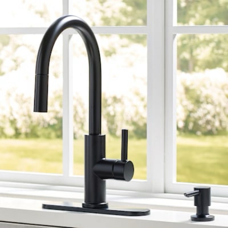 allen + roth harlow simplefit matte black single handle deck-mount pull-down kitchen faucet with sprayer (includes deck plate) (includes soap dispenser)