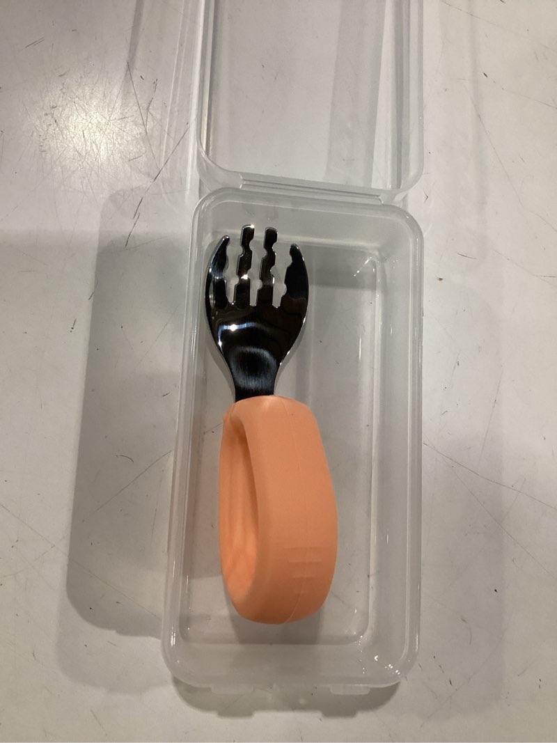 Condition photo showing New/Like New for toddler utensils - baby forks and spoons set - kids stainless steel silverware - children safe - self feeding - dishwasher safe (orange + green) orange+green