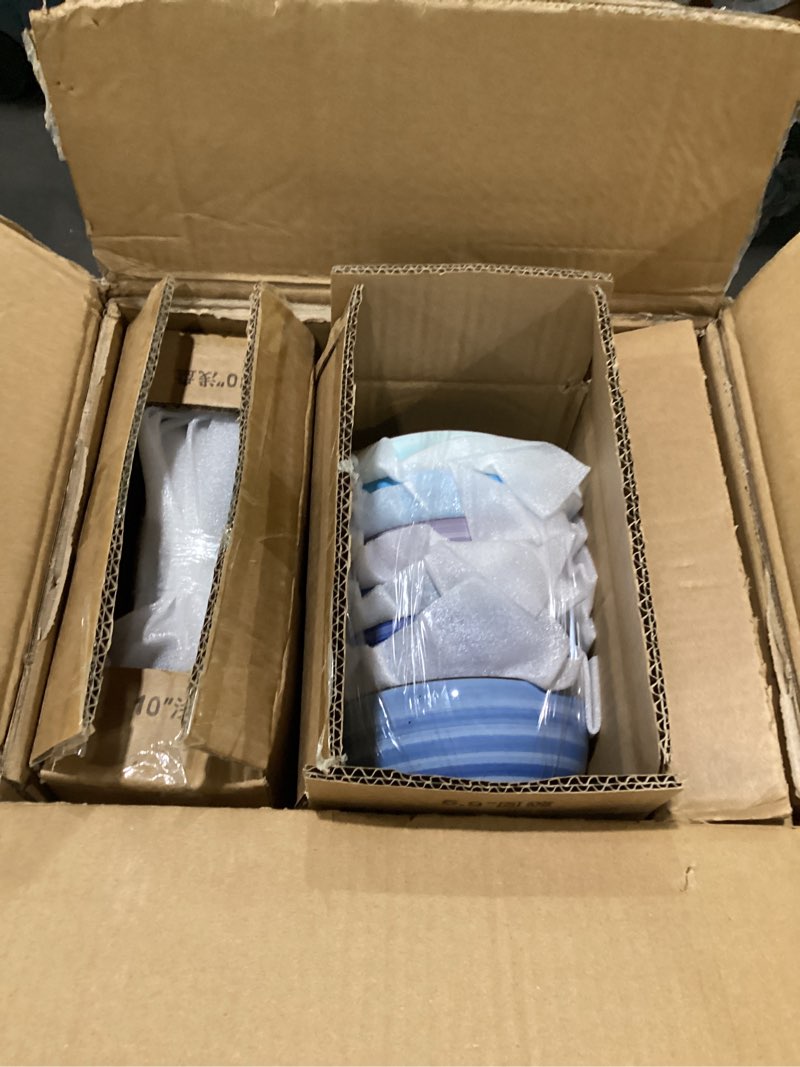 Condition photo showing Good Condition for selamica ceramic dinnerware sets for 6, 18 pieces plates and bowls set, scratch resistant dishes set, handpainted swirl with spot dishwasher & microwave safe, gradient blue gradient blue 18 pieces