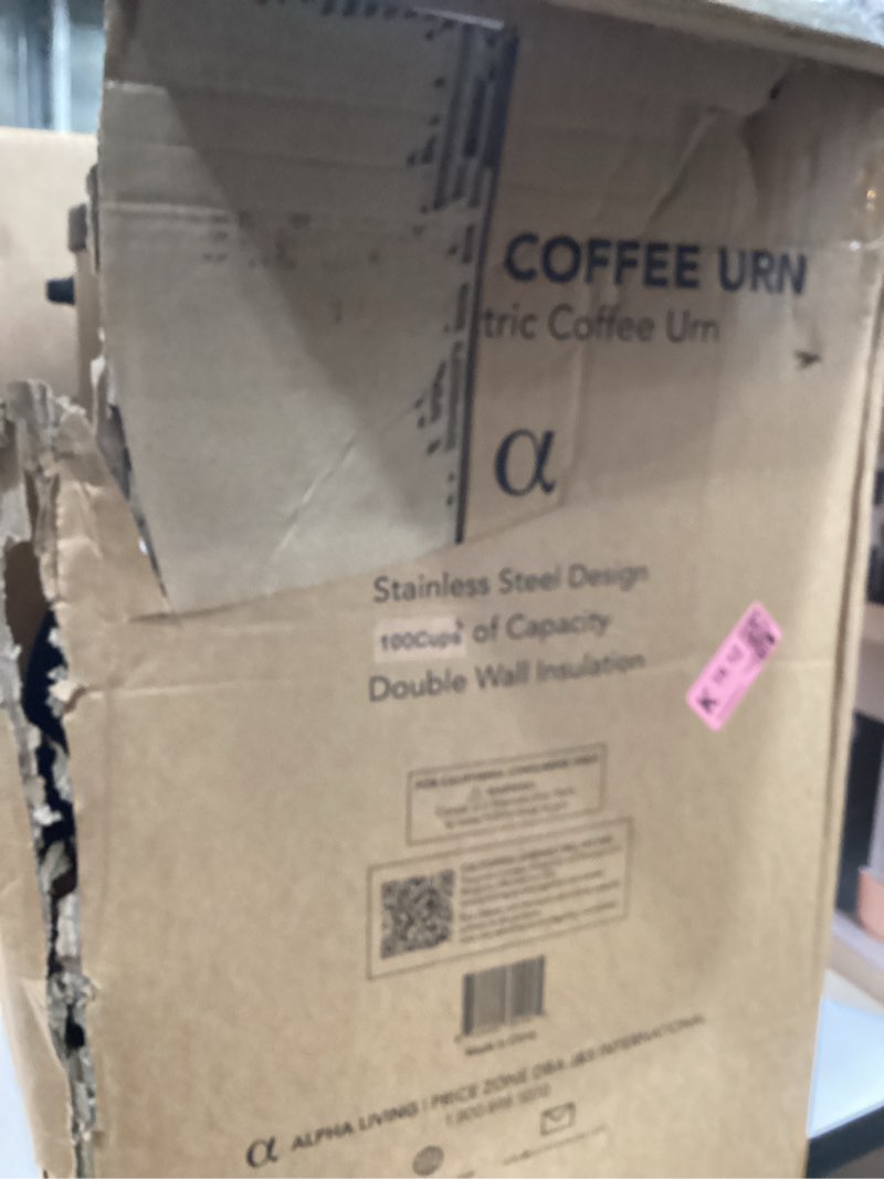 Condition photo showing As Is for alpha living 100 cups electric coffee urn – stainless steel large capacity electric kettle percolator coffee pot – ideal hot beverage dispenser for catering, hotels, restaurants –leak-proof tap