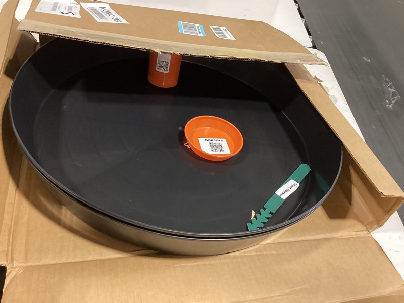 Condition photo showing Good Condition for 18 inch (16.3 inch base) case of 2 plant saucer - black polypropylene,heavy duty indoor/outdoor tray and drip pan,collects flower pot excess water made in usa 2 18"(16.3" base)