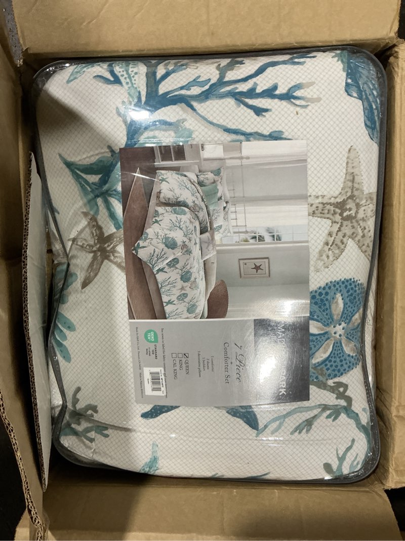 Condition photo showing Good Condition for madison park 7pcs cotton sateen queen comforter set with bed skirt and decor pillows  shells starfish coastal printed bedding set  aqua