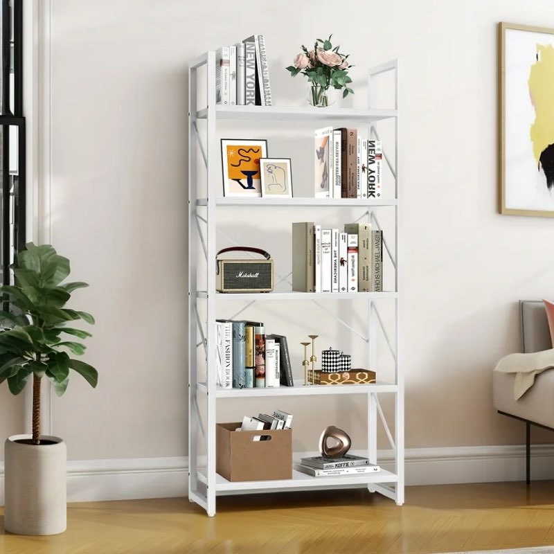 Dextrus 5-Tier Bookshelf, White Bookcase, Industrial Freestanding Book Shelf Modern Open Display Storage Organizer Book Shelves for Bedroom, Living Room and Home Office, White