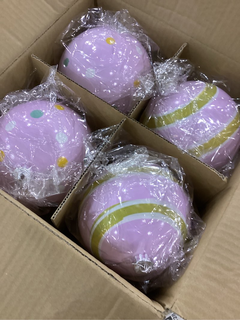 Condition photo showing New/Like New for Deekin 8 Pack Pastel Christmas Large Ball Ornaments 6 Inch Pink Candy Christmas Decor Jumbo Purple Macaron Hanging Glitter Balls Plastic Giant Oversized Ornaments for Indoor Outdoor Party Xmas Tree