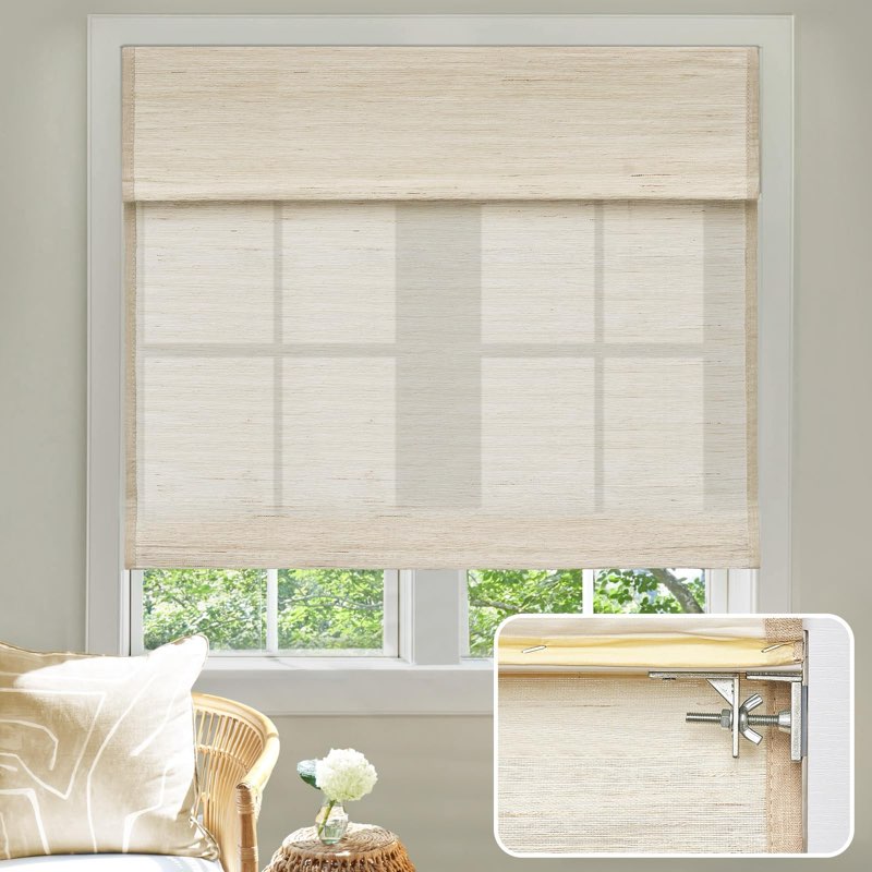 UNISHADES no Drill Cordless Roman Shades for Windows, 21" W × 64" H - Light Filtering - Linen - Beig