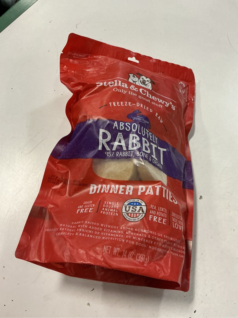 Condition photo showing New/Like New for (Best if used by AUG-20-2025) Stella & Chewy's Freeze-Dried Raw Dinner Patties - Absolutely Rabbit Recipe - High Protein Grain-Free Puppy & Dog Food - Perfect For Picky Eaters - 14 oz Absolutely Rabbit 14 Ounce (Pack of 1)