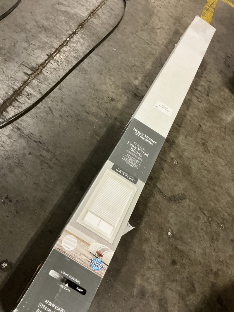 Condition photo showing As Is for better homes & gardens 2" cordless faux wood horizontal blinds, white, 47" w x 64" l