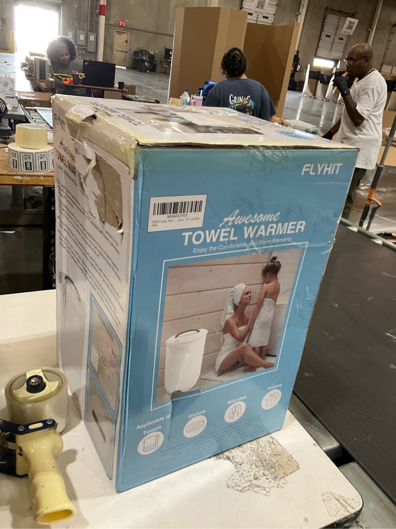 Condition photo showing As Is for large towel warmer for bathroom - heated towel warmers bucket, wood handle, auto shut off, fits up to two 40"x70" oversized towels, bathrobes, blankets, for mother's gifts, white snow_white